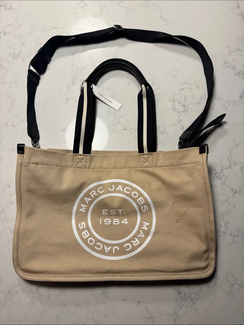 Marc Jacobs Beige Canvas Messenger Tote with Black Straps
